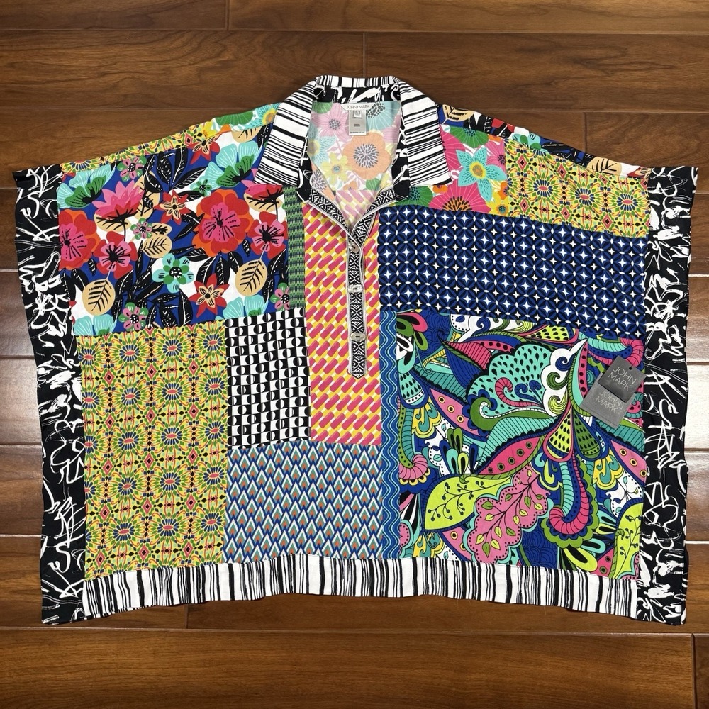 John Mark Women's Size 0X / 1X High Contrast Mixed Print Tunic Top Blouse Poncho